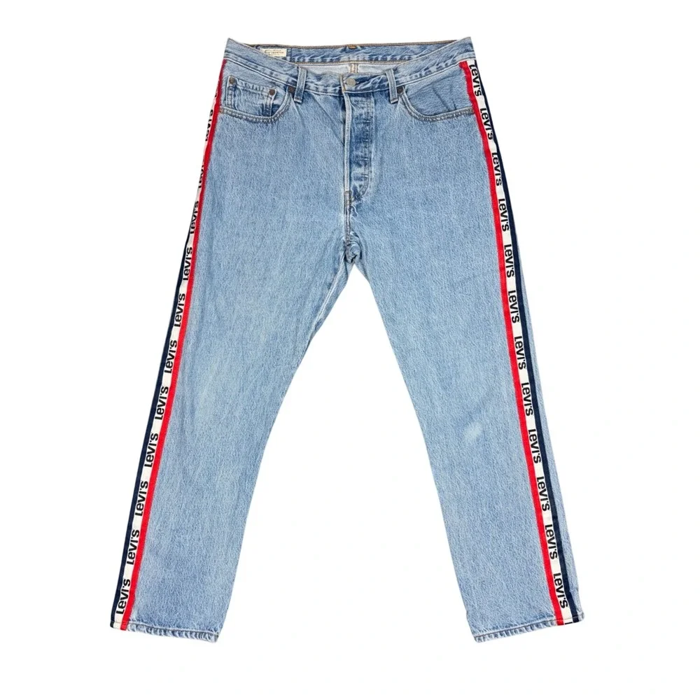 Levis Jeans Mens 32x28 Blue 501 Premium Logo Side Stripe Straight Leg Button Fly